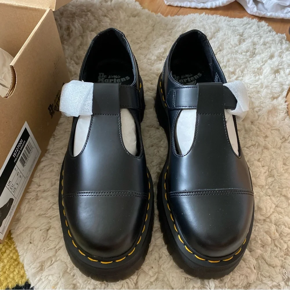 Dr. Martens Black Leather Platform Mary Jane / T strap with Yellow Stitching
